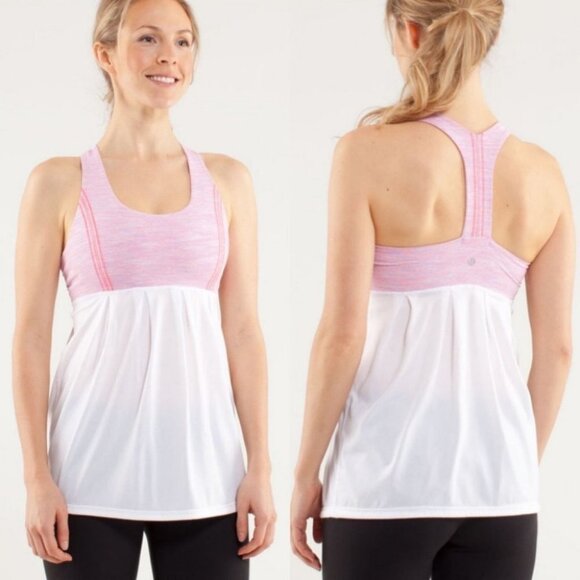 Lululemon Power Dance Tank Pink White‎ Size 6 Built In Bra Yoga Running Top Run - Picture 1 of 10